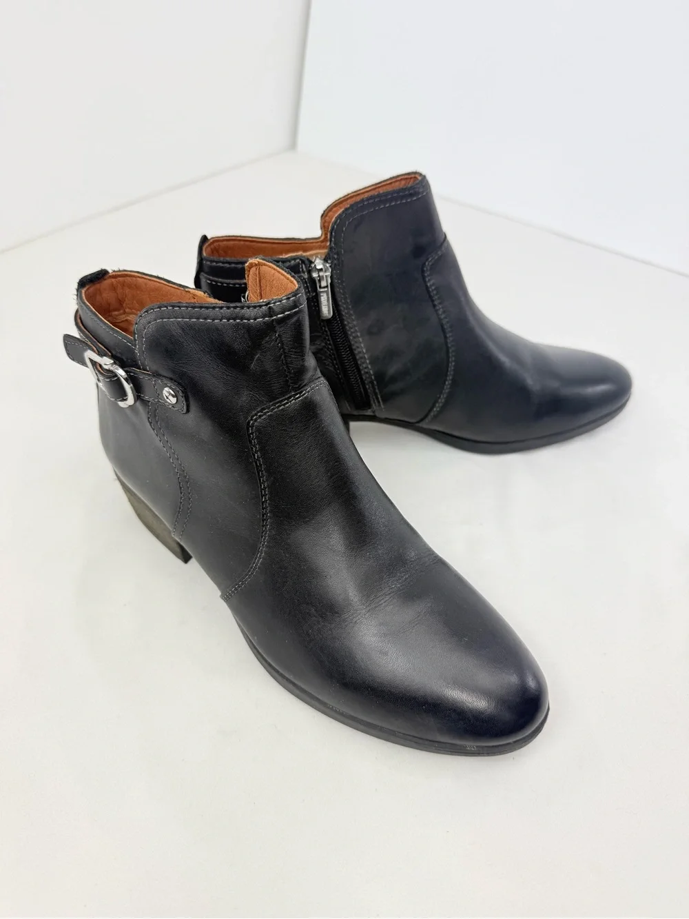 Pikolinos Black Leather Buckle Side Zip Chelsea Ankle Boots